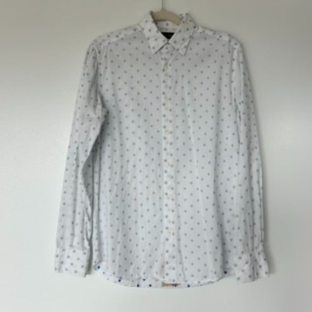 Massimo Dutti 100% Cotton White Button-Up Shirt Blue Embroidered Dot Men's Small - Picture 6 of 10